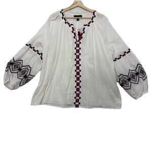 Lane Bryant Top Womens 18 White Gauzy Embroidered Tasseled Cottagecore Boho